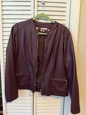 Calvin Klein Women's Plum Leather Jacket with Gold Hardware